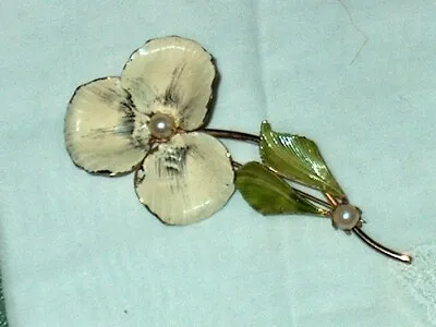 Vintage Hattie Carnegie White Flower Pin Brooch Enamel & 2 Pearls Signed • $70