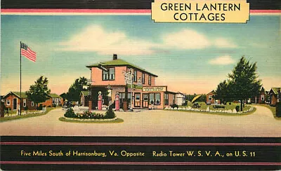 Linen Roadside Postcard Green Lantern Cottages & Gas Station Harrisonburg VA • $9.95