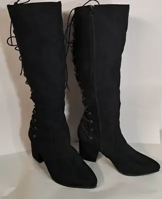 Layne Bryant Black Suede Lace Up Back 3  Heel Boots Women's 10W Mens Size 8.5W • $45