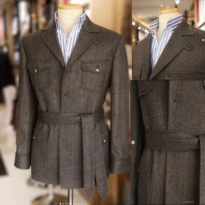 Vintage Tweed Safari Jackets With Belt Causal Herringbone Hunting Leisure Coats • $63.79