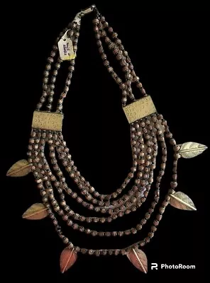 Vintage African Kenya Wooden Bead Necklace With Brass Leaf Embellishments Rare • $29.99