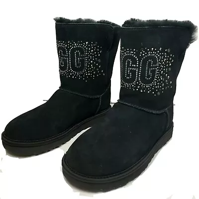 UGG Women Boots Classic Bling Ankle Pull On Black Suede Shearling Sz 6 37  New • $113