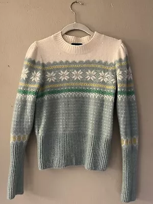 J Crew Sweater Green Cream Fair Isle Puff Sleeve Wool Alpaca Pullover Size XS • $5