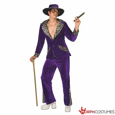 Men`s Purple PIMP DADDY Fancy Dress Costume + Hat 1970`s Velvet Suit Stag Party • £34.99