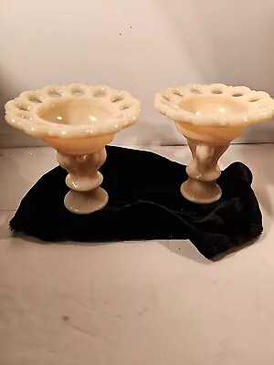 Vintage Westmoreland - Beige-Peach - Coral Open Lace Candlestick Holders Compote • $35