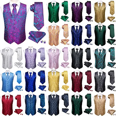 Mens Paisley Waistcoat Casual Wedding Vest Silk Tie Set Casual Formal Tops Suit • £19.99