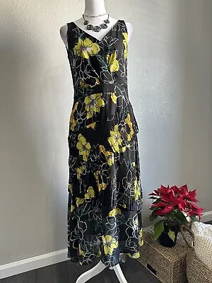 Marc Bouwer Unlimited Black/Yellow Floral Pleated Design Sleeveless Dress - Sz S • $31