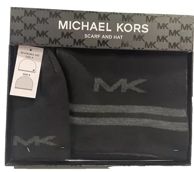 Nib Michael Kors Men's Reversible Hat And Scarf Set Black And Grey • $19.95