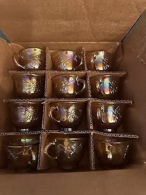 12 Vtg Indiana Carnival Glass Iridescent Gold Harvest Punch Bowl Cups NIB • $12.99