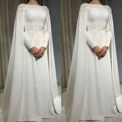 Women's Arabic Muslim Wedding Dresses Cape Long Sleeves A Line High Neck Bride • $134.56