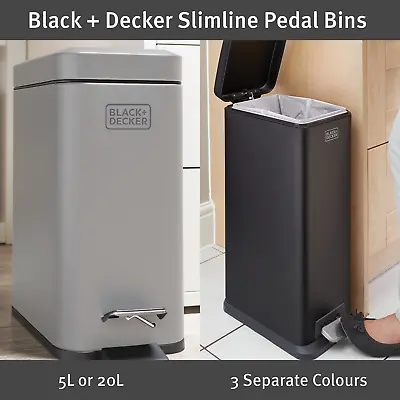 £48.99 • Buy BLACK+DECKER Slimline Pedal Bins / 5L Or 20L / 3 Colours / Stylish Modern Design