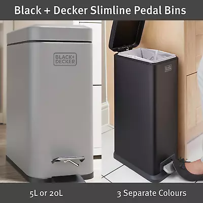 BLACK+DECKER Slimline Pedal Bins / 5L Or 20L / 3 Colours / Stylish Modern Design • £17.99