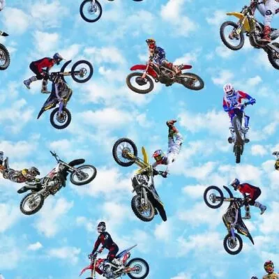 Motocross Maniacs Dirt Bikes Blue Sky Background 1137N Cotton Fabric 1/2 YARD • $14.95