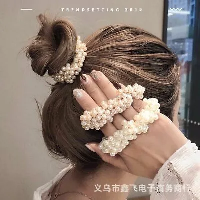 Womens Large Elastic Pearl Hair Band Headdress Scrunchie Accessories Hair Tie • £3.29