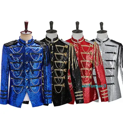 Top Men's Glitter Sequin Hussar Jacket Artillery Military Drummer Steampunk Suit • $58.13