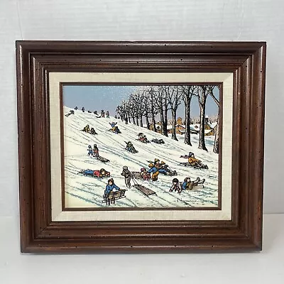 H. Hargrove Oil Painting Sledding Hill Signed Original 1984 Children Snow 8x10 • $99.99