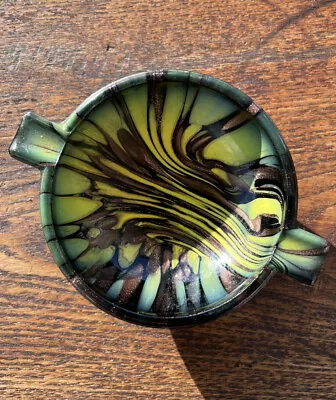 Vintage Murano Art Glass Mini Ashtray Tobaccianna Italy Yellow/Green/Copper • $19.99