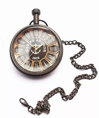 1917 Marine Anchor Pocket Watch With Removeable Chain Antique Brass Collectible • $38.21