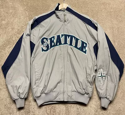 VINTAGE Majestic Seattle Mariners Jacket Mens Medium Gray & Blue On Field • $95.55