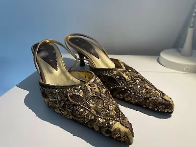 £4.99 • Buy Rebeca Sanver Bronze Embroidered Shoes Kitten Heel And Complementary Bag