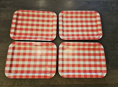 4 VTG Metal TV Dinner Lap Bed Trays Folding Legs Red White Checkerboard Gingham • $59.49