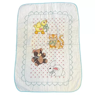 Vintage Cross Stitch Hand Embroidered Animals Quilted Baby Crib Blanket • $20