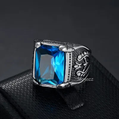 Mens Blue CZ Simulated Onyx Sapphire Stone Ring Stainless Steel Size 7-15 Gift • $10.99