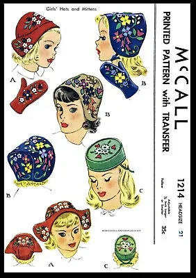 McCall #1214 Girls Child Toddler Embroidered Hat Cap Sewing Pattern Vintage Copy • $5.49