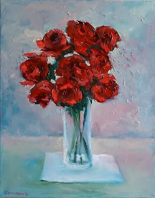 Abstract Red Roses Bouquet Original Oil Painting Canvas 16x20 Hand Painted YSArt • £250