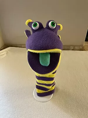 The Puppet Company Knit Monster Hand Puppet Purple Yellow Stripes Green Bowtie • $21.99