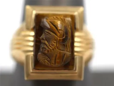 Vintage Mens 10k Solid Gold Tigers Eye Soldier Cameo Size 9.75 Ring • $299.99