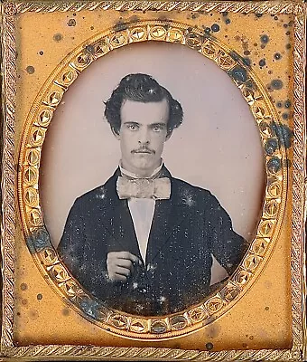 Handsome Young Gentleman Mustache Hair Styled Up 1/6 Plate Daguerreotype S508 • $225