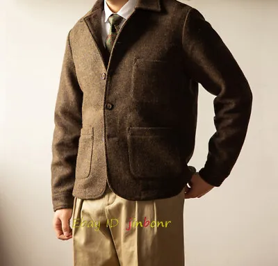 French Work Jacket Winter Warm Men's Wool Tweed Coat Casual Pockets Top • $97.98