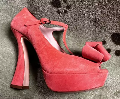 Miu Miu Suede T-strap Peep Toe Bow Pumps Salmon Pink Retro Look Size 38 • $175