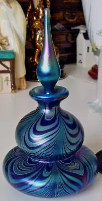 OKRA Iridescent Blue Nebula Swirl Glass Perfume Bottle 15cm Signed 1989 No. 277 • £59.95