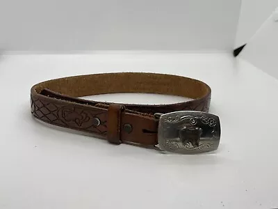 Kids Tooled Brown Leather Belt Horse Western Cowboy Silver Buckle • $12