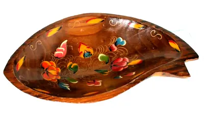 $15.35 • Buy Handmade Wood Bowl Dish Hand Painted Floral Flowers Fish Shape Brown Gold Swirls