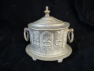 Vintage Moroccan Oval Tea Caddy Tin Embossed Bas Relief Hinged Lid Spice Box • $12.50