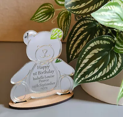 Personalised 1st Birthday Gift Baby Boy Girl First Silver Mirror Teddy Keepsake • £8.99