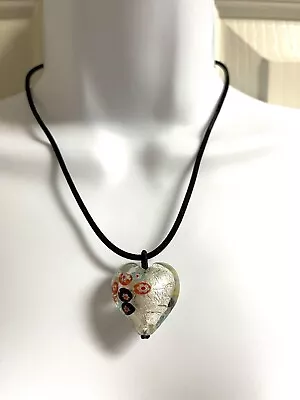 HEART 💗 Shaped Silver Foil GLASS Pendant Necklace With Flowers 9  Drop. • $9.99