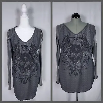 Vocal Top Womens XL Gray Embellished Beaded Distressed Long Sleeve Pullover • $23.97