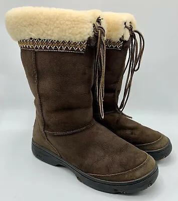 Ugg Ladies Brown Shearling Boots W/ Leather Ties Sz 9 ( S1877) • $99.99