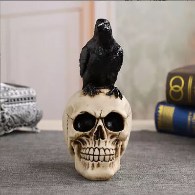 Halloween Skull Statue Skeleton Crow Figurine Decoration Prop • £15.36