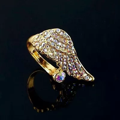 Betsey Johnson Yellow Gold Angel Wing AB Pink Crystal Ring Size 8 • $6.95