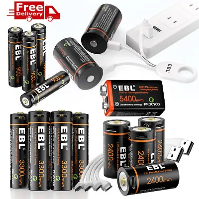 EBL Rechargeable 9V Lithium Batteries D Size AA AAA Li-ion 3300mWh Battery Lot • $7.29