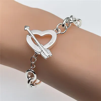 925 Sterling Silver Filled Arrow Heart Bracelet Bangle Women Men Fashion Jewelry • $6.91