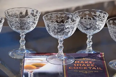 5 Vintage Etched CRYSTAL Cocktail Glasses - Champagne Coupe Fostoria ~ Navarre • $128