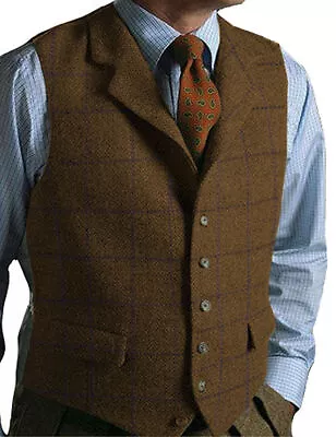 Mens Tweed Wool Vest Vintage Western Windowpane Plaid Vests S M Large XL 2XL 3XL • $19.99