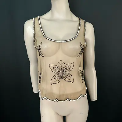 Atmosphere Top 12 Womens Beige Mesh Sheer Embroidered Butterfly Strappy Casual • £10.95