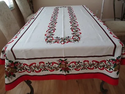 $7.95 • Buy Vintage Christmas Tablecloth White Red Green Bells Holly Ribbon Cutter Repurpose